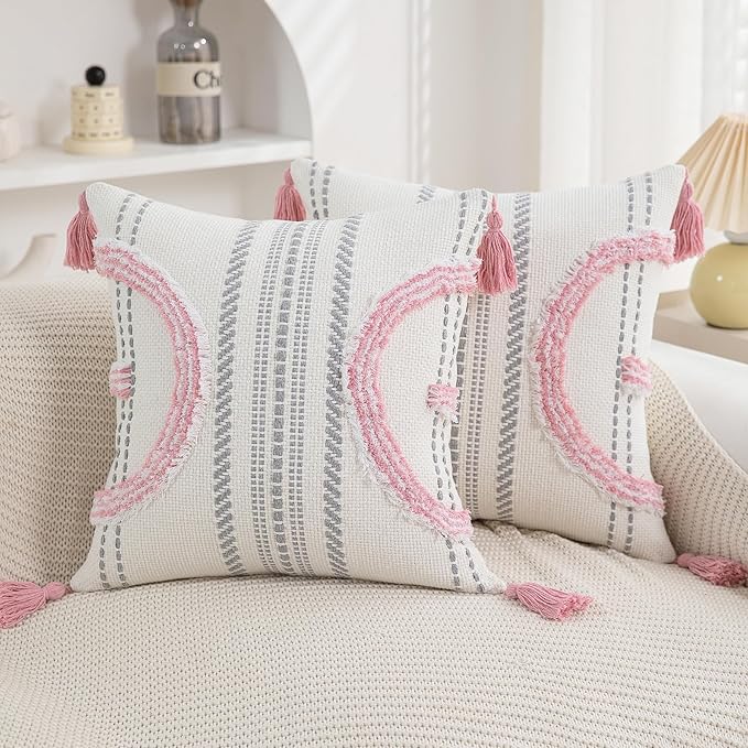 Boho Throw Pillow Covers 18x18 Set of 2 Cotton Woven Tufted Farmhouse Pillows by PLEPATE