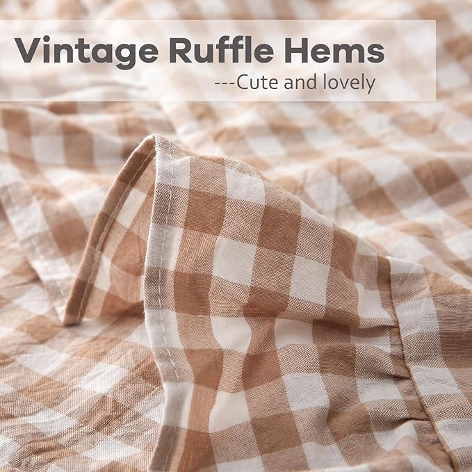 2 Pack Taupe White Plaid Ruffle Gingham Throw Pillow Covers, 100% Washed Cotton - Image 5