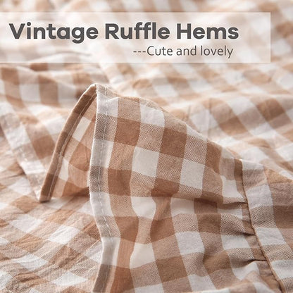 2 Pack Taupe White Plaid Ruffle Gingham Throw Pillow Covers, 100% Washed Cotton - Image 5
