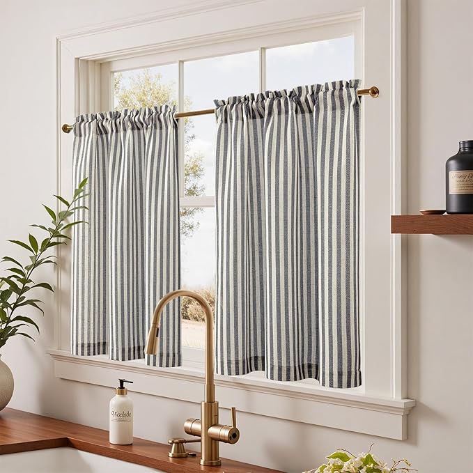 jinchan Striped Linen Kitchen Curtains 36 Inches Tier Curtains Farmhouse Modern - Image 2