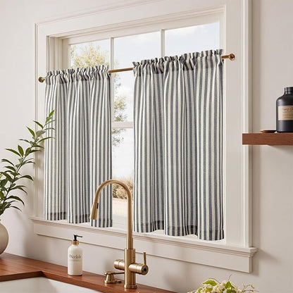 jinchan Striped Linen Kitchen Curtains 36 Inches Tier Curtains Farmhouse Modern - Image 2