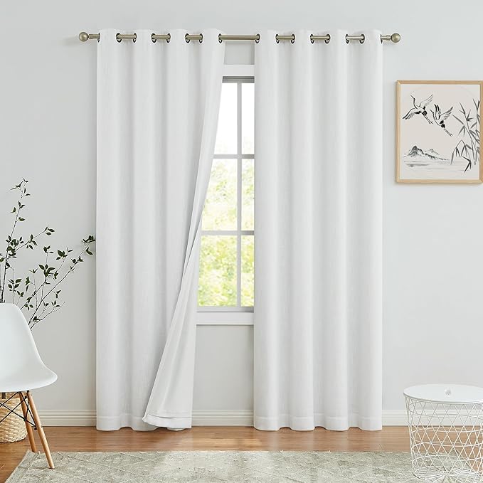 White Full Blackout Curtain Panel Rayon Blend Heavy Linen Texture Window by CentralPark