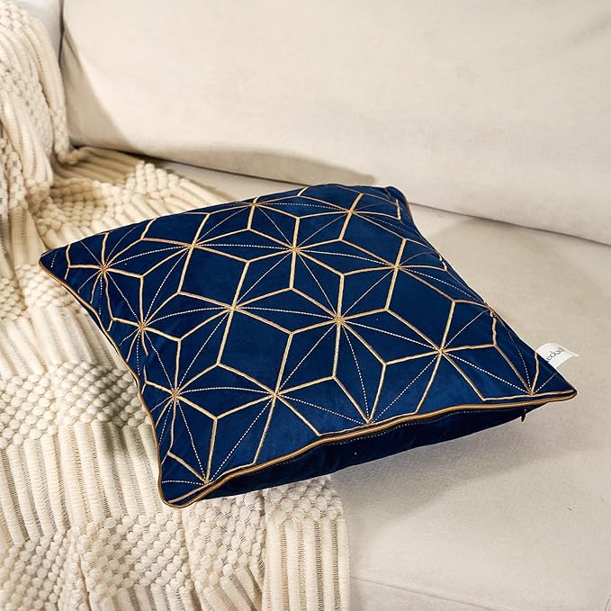 Aeckself Navy Blue Velvet Pillow Cover 20 x 20 Inch, Luxury Modern Square Gold - Image 3