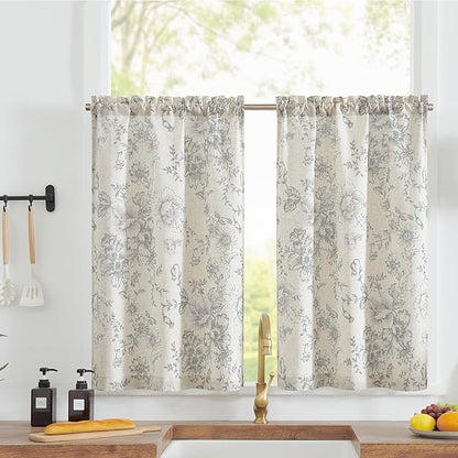 jinchan Floral Linen Tier Curtains Grey Flower on Beige Cafe Curtains 36 Inch by JINCHAN