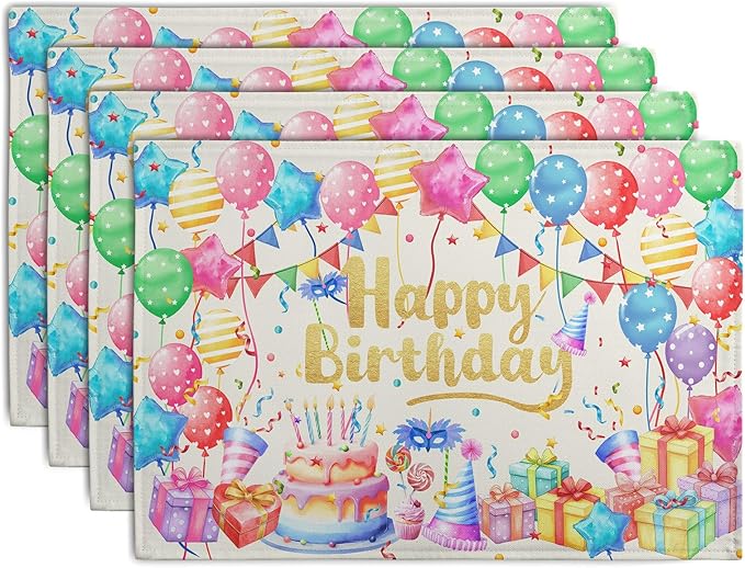 Happy Birthday Placemats Set of 4 Colorful Balloons Confetti Cake Linen Table by Wnoesat