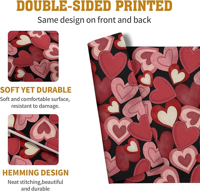 Valentines Day Love Hearts Placemats Set of 4 Valentine Red Black Heart Linen - Image 5