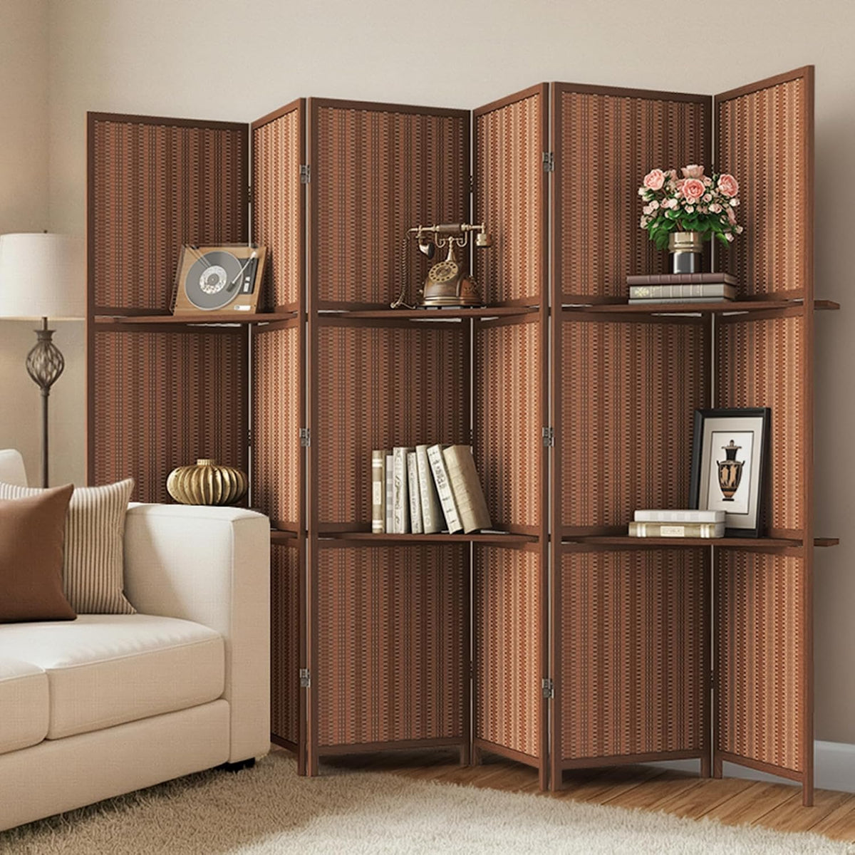 jostyle bamboo room divider with shelves, 6-panel privacy, main product view
