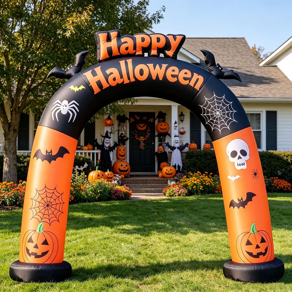 DomKom 8FT Long Halloween Inflatable Archway, Happy Halloween Blow Up Arch with Built-in LED Lights, Pumpkin, Skull, Bat Decor, Outdoor Inflatable Yard Lawn Garden Halloween Party Decorations