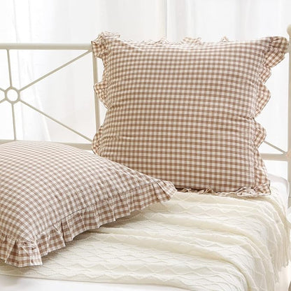 2 Pack Taupe White Plaid Ruffle Square Euro Pillow Shams, 100% Washed Cotton by KMASANIJI