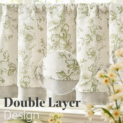 jinchan Linen Kitchen Curtain 24 Inch French Floral Double Layer Curtain - Image 7