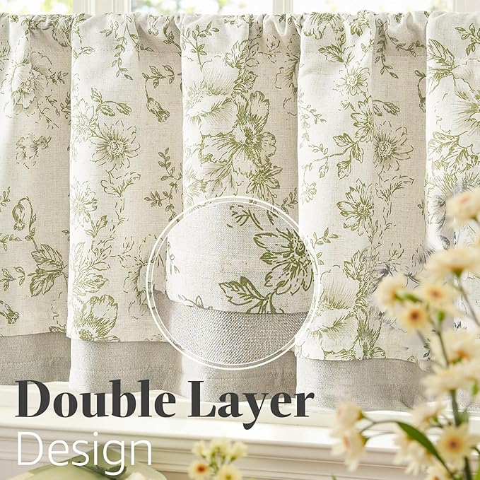 jinchan Linen Kitchen Curtain 36 Inch French Floral Double Layer Curtain - Image 7