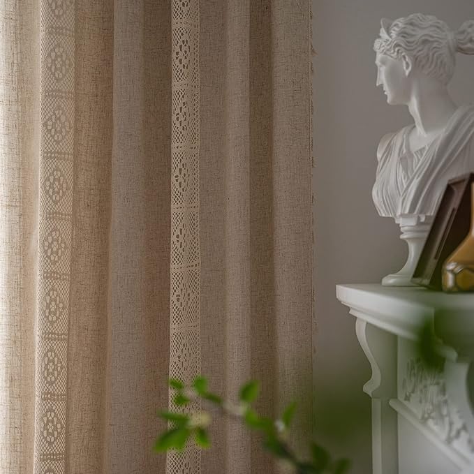 ENJOYBRIDAL Beige Curtains Crochet Lace Patchwork Drapes Curtains 96 Inch - Image 5