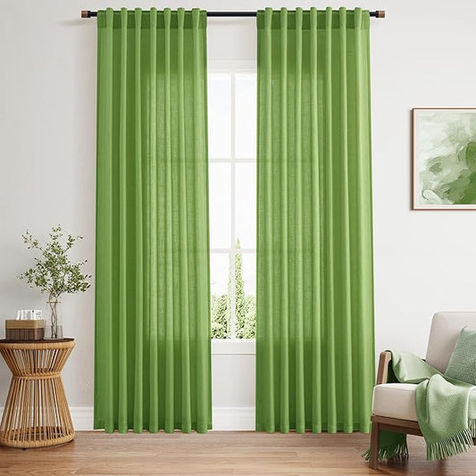 Nanspring Lime Green Linen Blend Light Filtering Back Tab Curtains 84 Inches by Nanspring