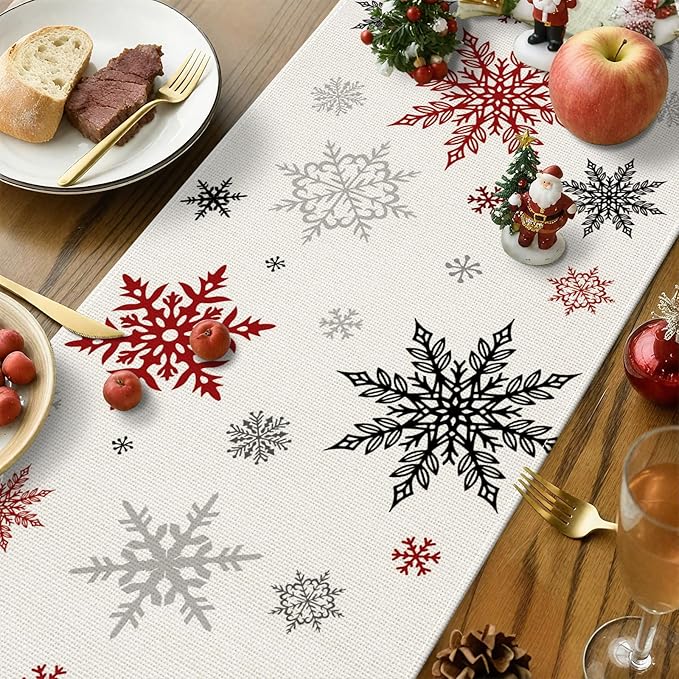 OTOSTAR Snowflakes and Red Snowman Christmas Table Runner, Xmas Seasonal Winter - Image 3