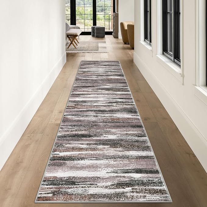 Modern Abstract Runner Rug 3x10, Dark Light Brown White Washable Kitchen Runner - Image 2