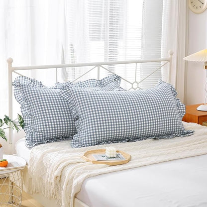 2 Pack Dusty Blue Plaid Ruffle Gingham King Size Pillow Shams, 100% Yarn-Dyed - Image 3