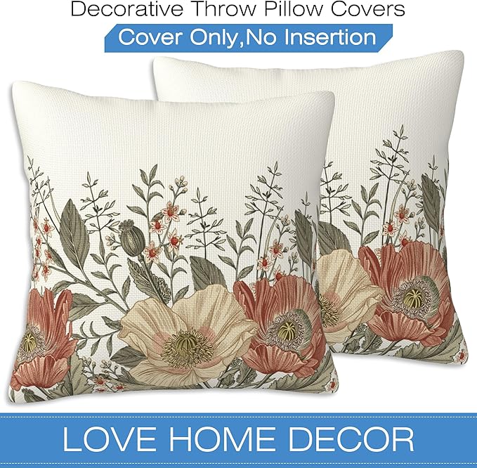 Vintage Poppy Flowers Throw Pillow Covers Set of 2 Blooming Flowers Pillow - Image 3