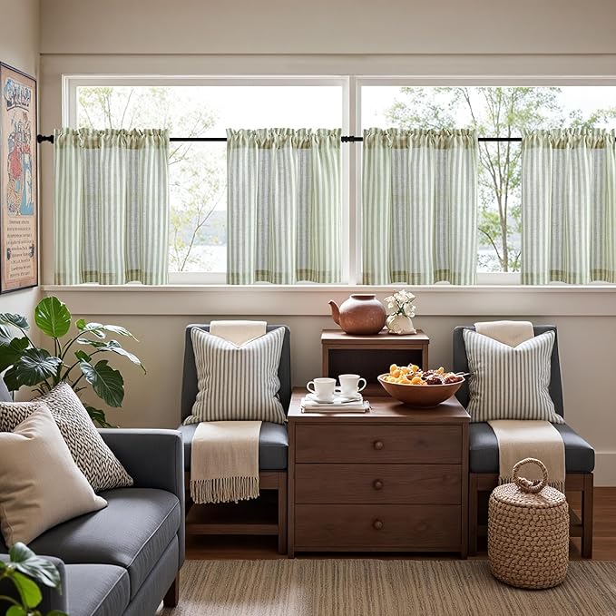 jinchan Striped Linen Kitchen Curtains 24 Inches Length Tier Curtains Farmhouse - Image 3