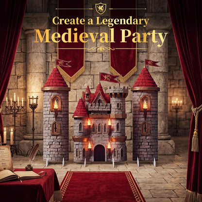 Novabright 3 Pcs Medieval Castle Backdrop Stand with Bases, Large Stone Knight and Castle Party Decorations, Freestanding Corrugated Plastic Photo Booth Props for Birthday Halloween Dragon Party