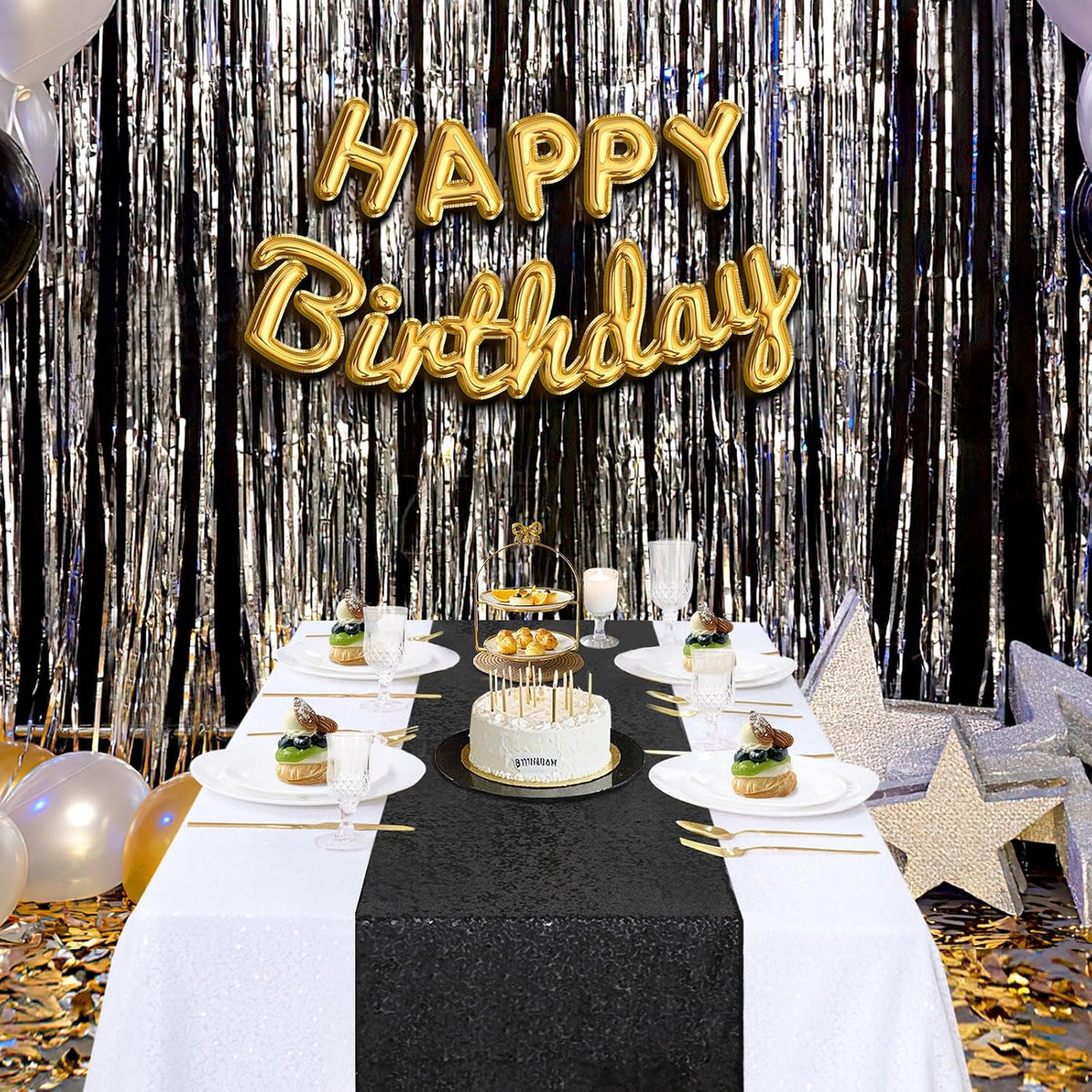 B-COOL Sequin Black Table Runner: 8 Pack 12x72Inch Glitter Decoration Sparkly Fabric for Halloween Graduation Holiday Birthday Outdoor Table Decor