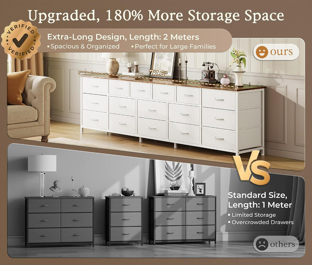 Huuger 77.6" Long Dresser for Bedroom, 16 Drawer Fabric Dresser for Clos...