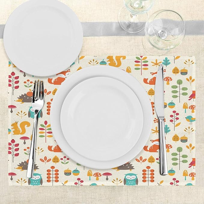 Ambesonne Cartoon Place Mats Set of 4, Autumn Pattern Owl Fox Squirrel Birds - Image 3