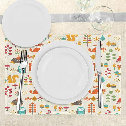 Ambesonne Cartoon Place Mats Set of 4, Autumn Pattern Owl Fox Squirrel Birds - Image 3