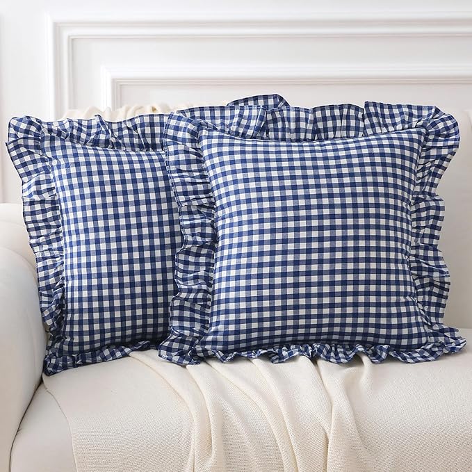 2 Pack Navy Blue White Plaid Ruffle Gingham Throw Pillow Covers, 100% Washed by KMASANIJI
