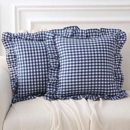 2 Pack Navy Blue White Plaid Ruffle Gingham Throw Pillow Covers, 100% Washed by KMASANIJI