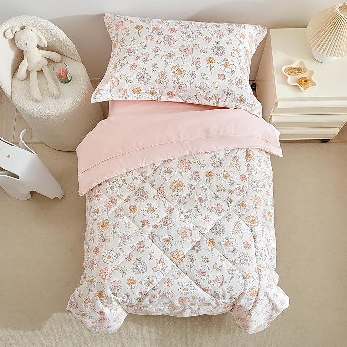 DuShow Floral 4 Piece Girls Toddler Bed Comforter Set Pink Flower Reversible - Image 3