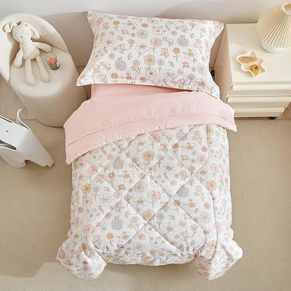 DuShow Floral 4 Piece Girls Toddler Bed Comforter Set Pink Flower Reversible - Image 3