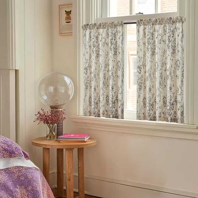 jinchan Floral Linen Tier Curtains 36 Inch Farmhouse Botanic Cafe Drapes - Image 2