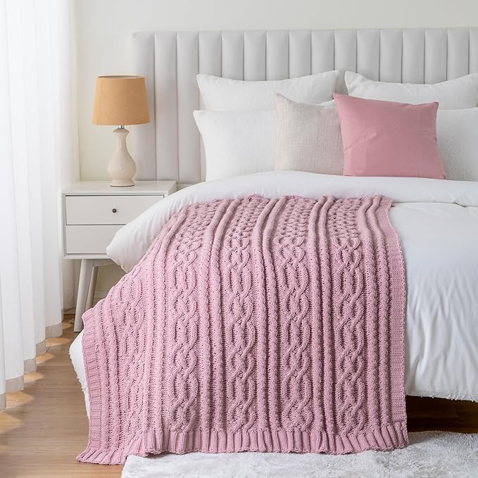 Battilo Pink Throw Blanket for Couch, Cable Knit Blanket, Soft Chenille Throw - Image 8