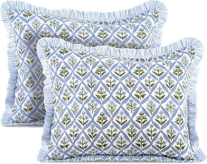 Ridhi Light Steel Blue 100% Cotton Block Print Ruffle Bed Sham Cover 20''×26'' by Ridhi
