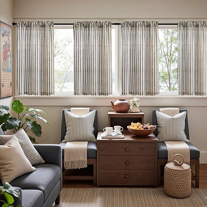 jinchan Striped Linen Kitchen Curtains 36 Inches Length Tier Curtains Farmhouse - Image 3