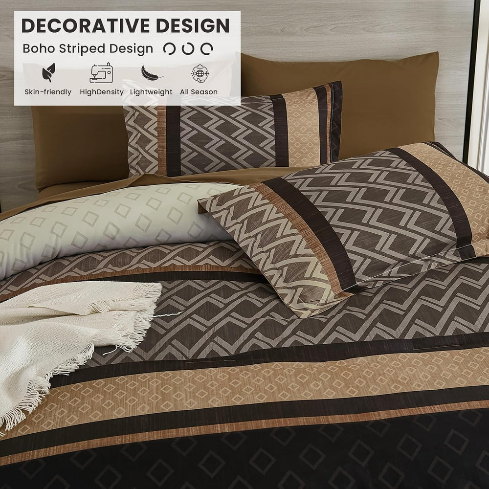 Cottolester Brown Comforter Set Queen Size,Fall Striped Bed in a Bag