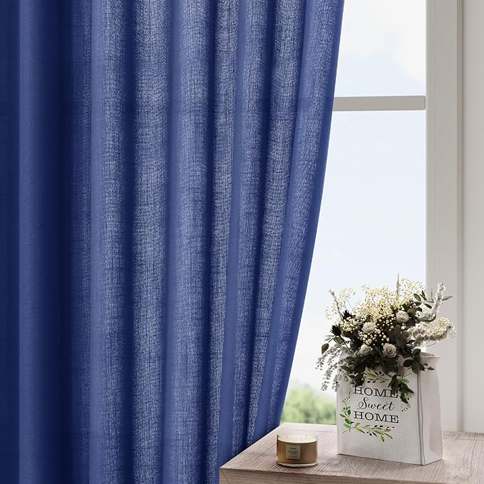 Classic Blue Linen Curtains 90 Inch Long 2 Panels Set - Image 4