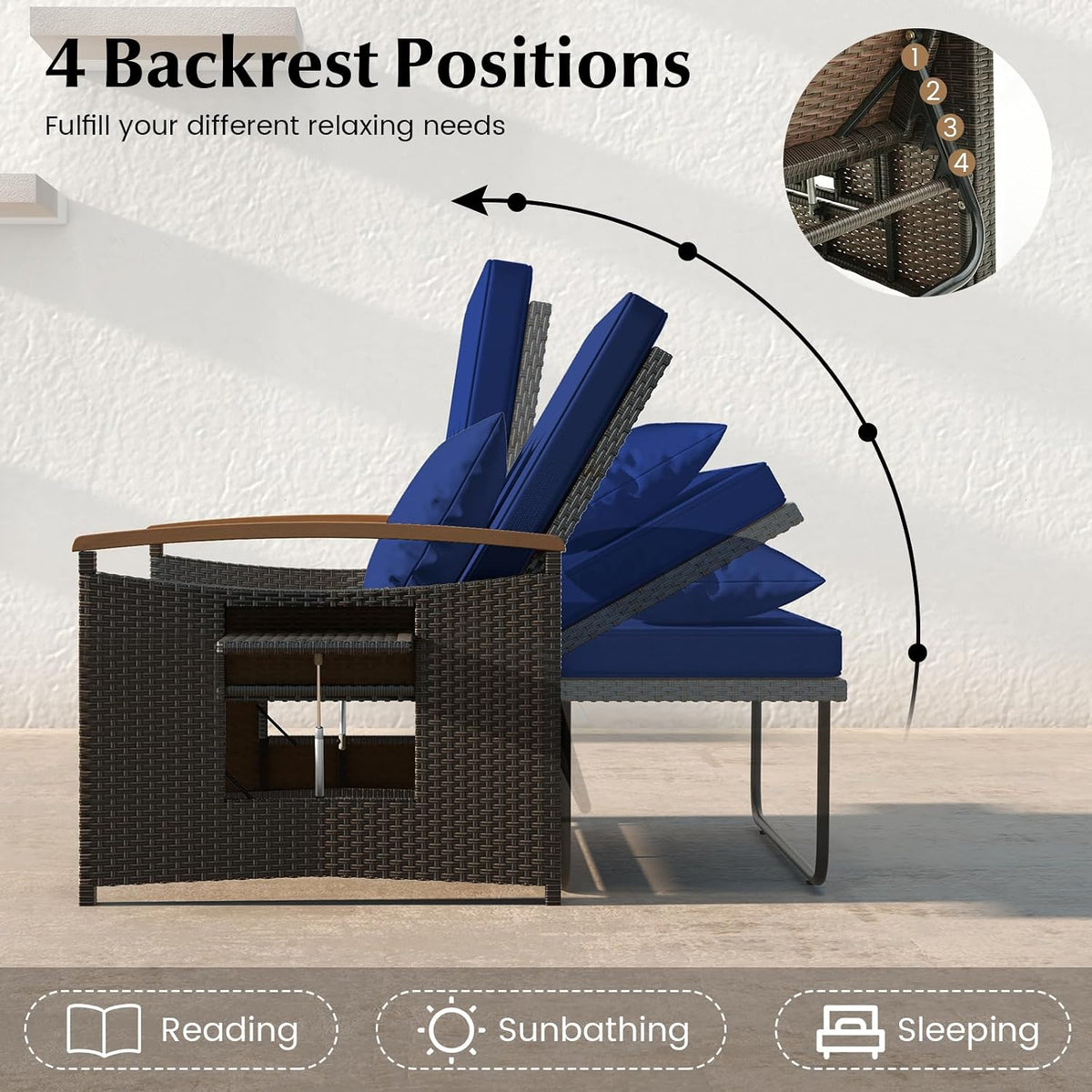 costway patio rattan daybed, outdoor loveseat sofa with, side view