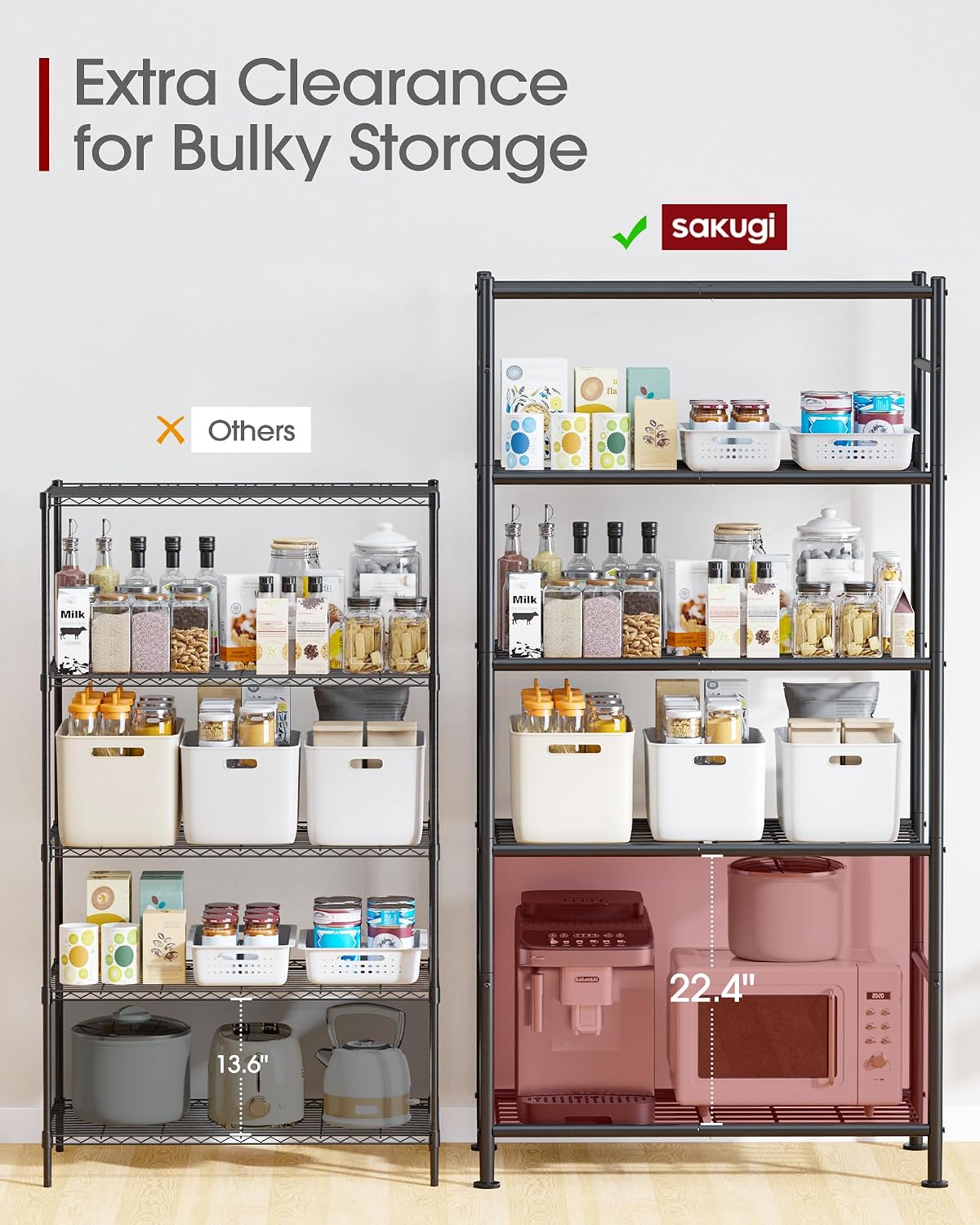 sakugi storage shelves - 5 tier shelf organizer showing dimensions