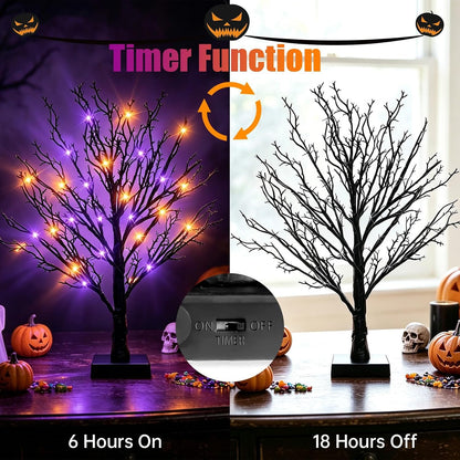 Halloween Decor Indoor, 2 Pack 24 Inch Black Halloween Tree Set, 48 Orange & Purple LED Lights, USB & Battery Powered Tabletop Spooky Twig Trees with 6H Timer, Creepy Halloween Decorations for Mantels