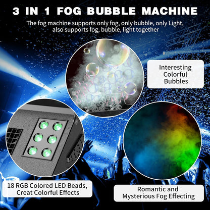 2000W Fog Machine, 3 in 1 Fog Bubble Machine with 2 Bubble Fans, 18 RGB LED Lights Smoke Bubble ALL IN ONE Fog Machine, Bubble Machine for Halloween Party Wedding Birthday