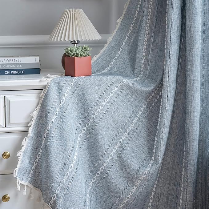 ColorBird Boho Curtains for Bedroom, 96 inch Blue Striped Room Darkening Linen by ColorBird