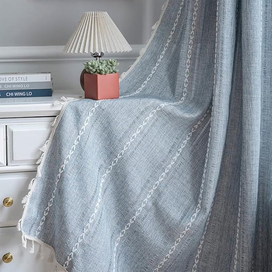 ColorBird Boho Curtains for Bedroom, 96 inch Blue Striped Room Darkening Linen by ColorBird