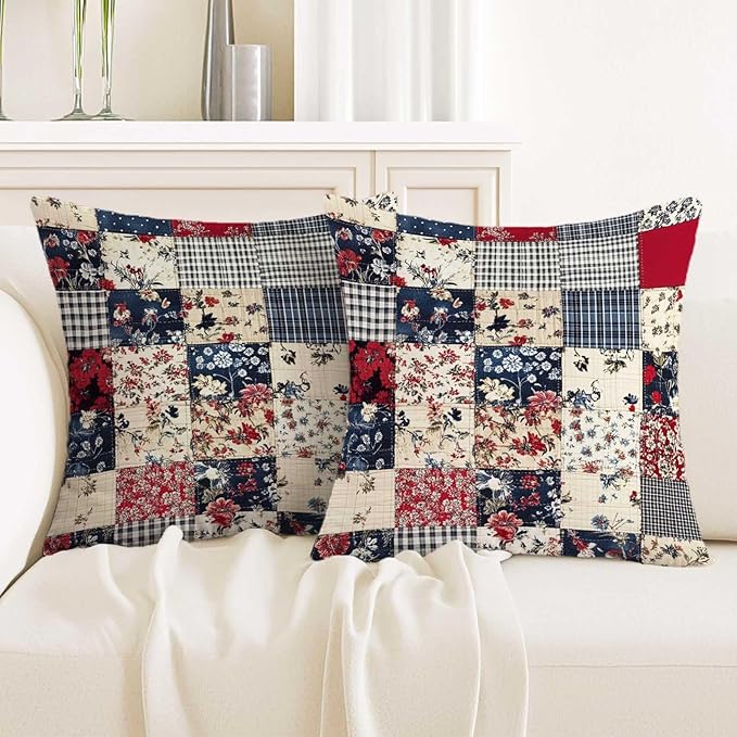 Floral Throw Pillow Covers 18x18 Set of 2 | Decorative Faux Patchwork Cushion by Unknown