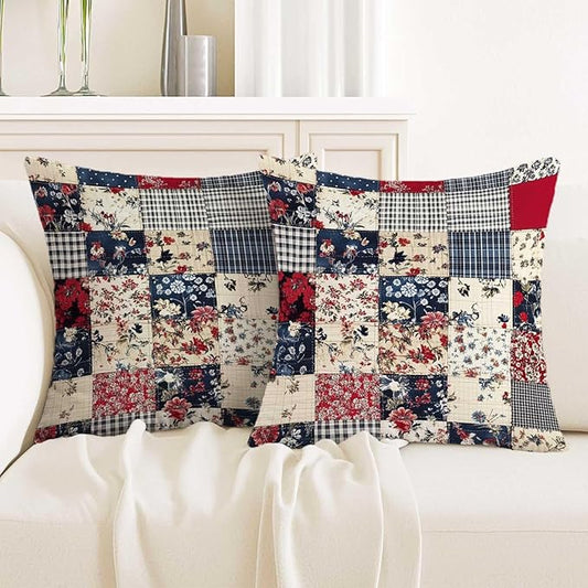 Floral Throw Pillow Covers 18x18 Set of 2 | Decorative Faux Patchwork Cushion by Unknown