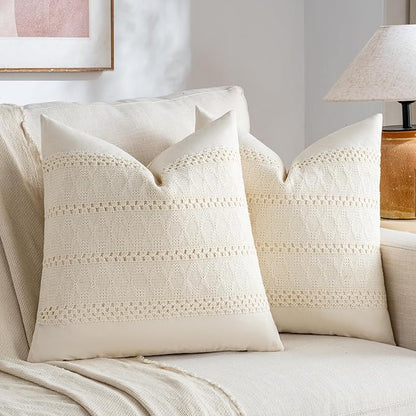 Fancy Homi Set of 2 Boho Cream Decorative Throw Pillow Cover 16x16 Inch by Fancy+Homi