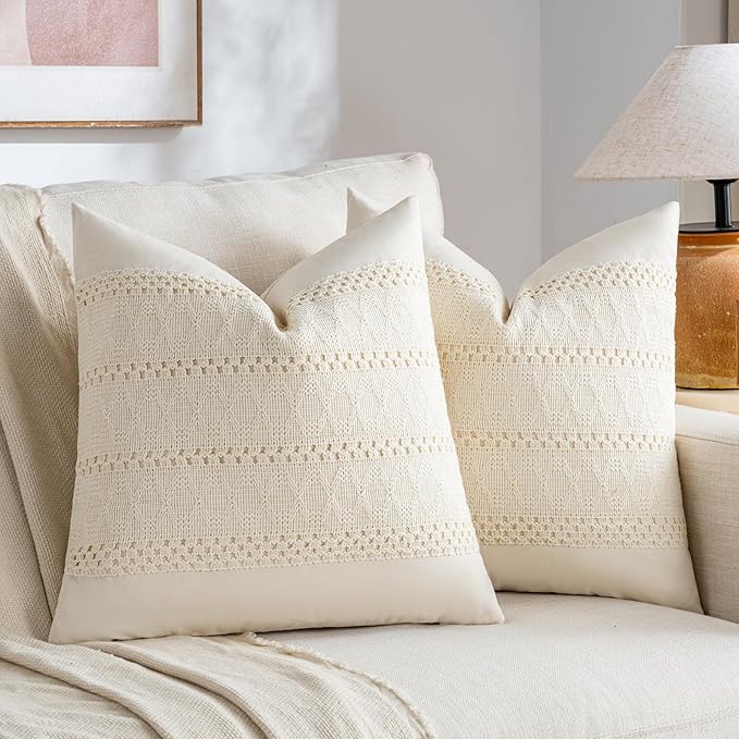 Fancy Homi Set of 2 Boho Cream Decorative Throw Pillow Cover 20x20 Inch by Fancy+Homi