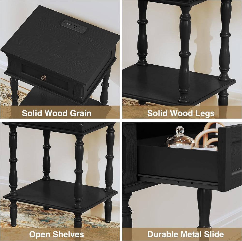 ARTPOWER Nightstand with Charging Station, Minimal Assembly, Retro Wood Night...