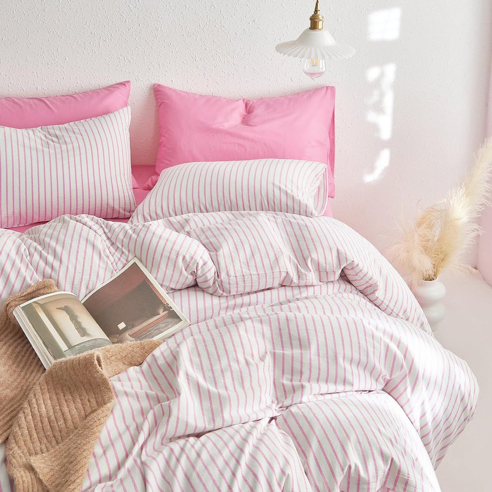 Wake In Cloud Striped Cotton Duvet Cover Set, Pink White, Full