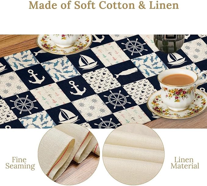 Navigation Patchwork Table Runner, Nautical Anchor Sailboat Rudder Graffiti - Image 8